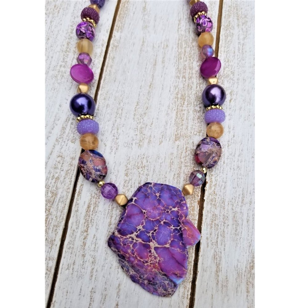 Artisan Necklace Earrings and Bracelet Set Purple Gold Magenta Stone Beads - Picture 3 of 15
